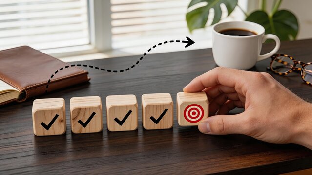 Hand placing wooden block with red target icon completing a checklist for business goal achievement strategic planning and project management success on a modern office desk with