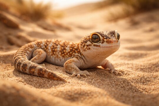 Relaxed pet sand gecko with detailed scales warming itself on bright sand