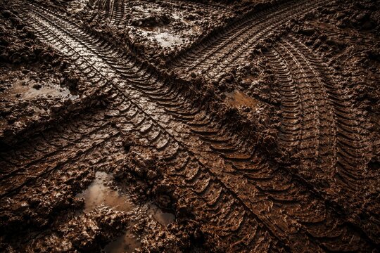 Textured abstract image of tire marks on a muddy natural surface background