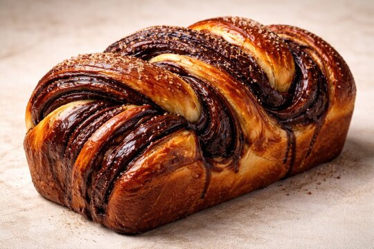 Polish babka pastry with thick chocolate ribbons and golden crust resting on a soft neutral background