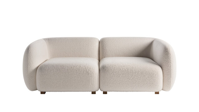 Plush cream boucle modular sofa with rounded arms, isolated on transparent background