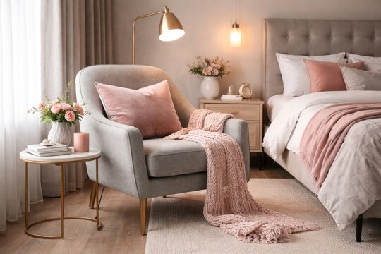 Stylish gray armchair with pink decor elements placed beside bedroom bed