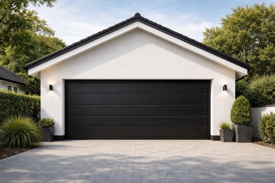 Sleek white double garage including pitched roof and black retractable door made of metal