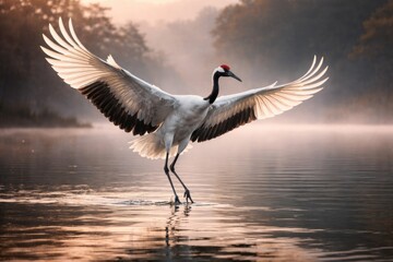 Obraz premium Red-crowned crane elegantly hovering above tranquil water