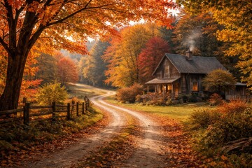 Fototapeta premium Quiet country setting featuring colorful fall foliage and a rustic house by a twisting dirt lane