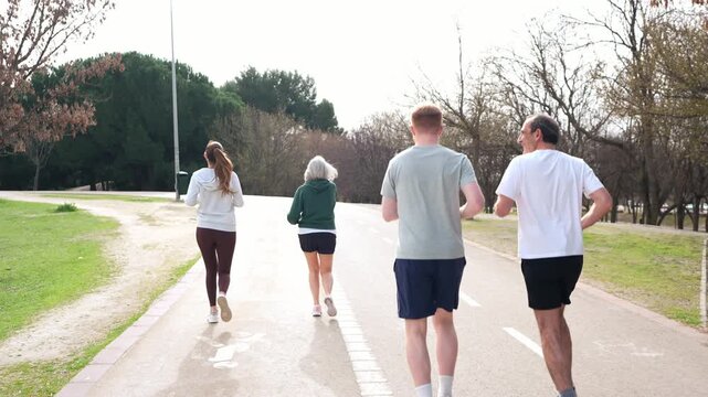 Four friends of different ages running together in a park. People training for a marathon, enjoying a healthy and active lifestyle