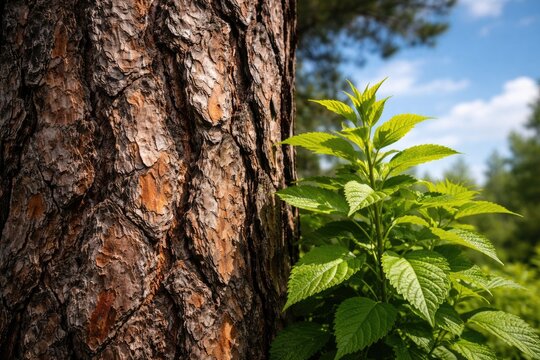 Textured surface of pine bark alongside a bright green plant with a faded blue sky background
