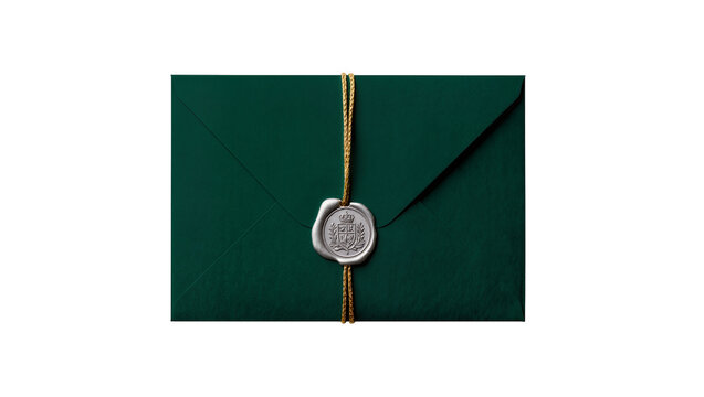 Dark green envelope sealed with a silver wax seal and gold string, isolated on transparent background
