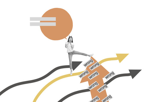 Creative trend artwork design 3D collage sketch of hr hiring arrow show wrong direction point young woman shocked stand speech cloud talk