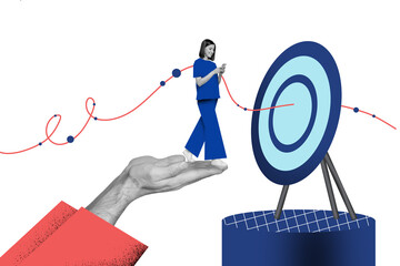 Creative collage image young woman walk smartphone device target achievement accomplishment goal...