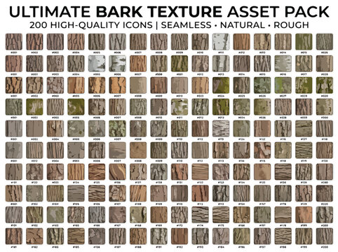 Ultimate bark texture asset pack, 200 high-quality icons of seamless natural rough wood surfaces, organic tree skin patterns for 3D mapping and design