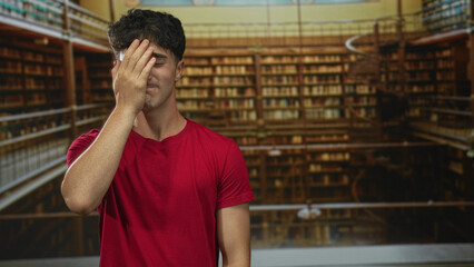 Man in red t shirt clasping hands at chin among tall bookshelves in library, eyes closed and smiling softly  contemplation. © Krakenimages.com