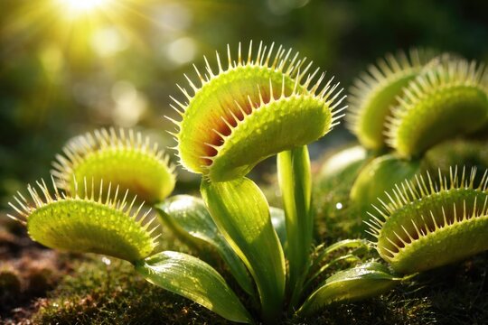 Venus flytrap carnivorous plant with vibrant green traps in sunlight