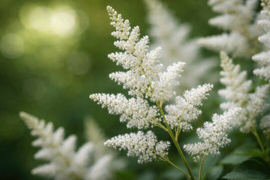 Macro shot of white astilbe blooms with smooth green backdrop and blurred bokeh highlights