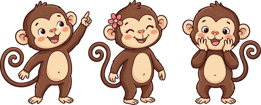 Cute Cartoon Baby Monkey Character Set with Happy Expressions and Poses for Children, Storybook, Nursery, and Animated Animal Illustration Designs