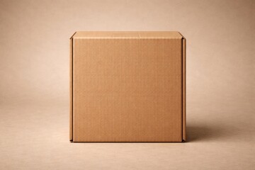 Obraz premium Mockup of front-facing brown cardboard box packaging on simple backdrop