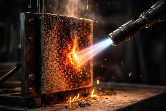 Flame torch focused on material to evaluate its durability against fire