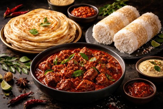 Rich and spicy red beef roast curry paired with soft parotta and puttu served on black background