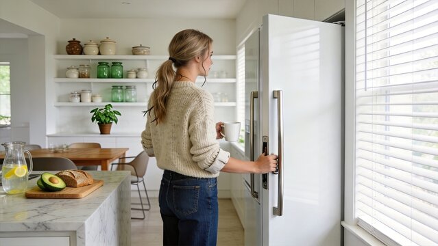 Young woman opening white refrigerator in modern bright kitchen holding coffee mug healthy breakfast with avocado and bread on marble counter cozy home interior morning routine