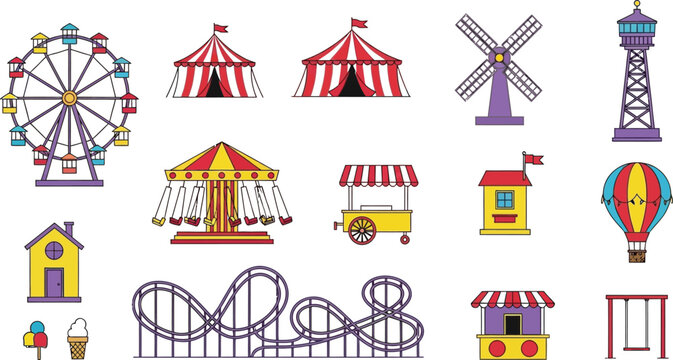 Colorful amusement park icons set illustration Vector