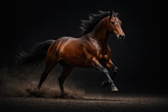 Energetic bay horse running freely on a dark minimalist backdrop