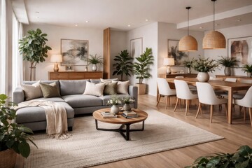 Fototapeta premium Inviting living and dining room with sleek gray couch, wooden accents, white chairs, and abundant plant decor