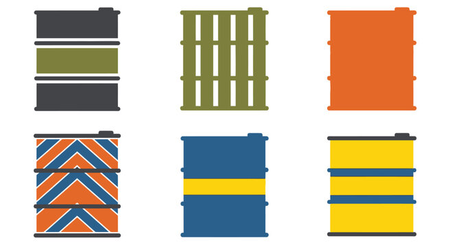 Set of Colorful Industrial Barrels, Oil Drums, and Chemical Containers