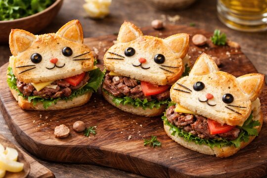 Three joyful cat motif sandwiches made from game meat arranged on a wooden serving board