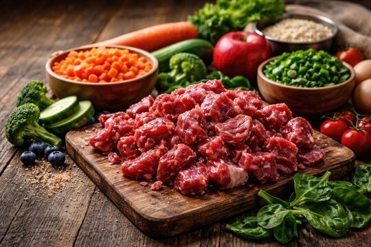 Close up of chopped raw meat and vibrant fresh vegetables for pet nutrition on rustic wood floor with copy space