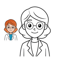 Fototapeta premium Black and white vector coloring page of a female scientist in a lab coat, holding a test tube with a microscope nearby. Clean outlines, simple details, ideal for kids and learning. 