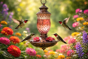 Obraz premium Historic style hummingbird feeder surrounded by bright garden blooms