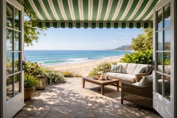 Obraz premium Tranquil outdoor setting with green awning shading patio door and wide beach scenery