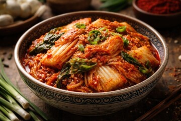 Fototapeta premium Tangy fermented cabbage kimchi arranged inside a decorative ceramic bowl