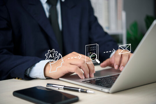Corporate businessman using laptop artificial intelligence virtual interface managing data reports automated email communication workflow efficiency digital business solution.