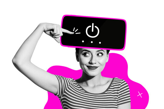 Composite artwork collage image picture of girl press button smart phone screen head isolated on creative background