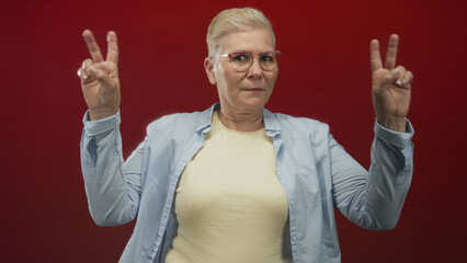 Naklejka premium Woman making air quotes with both hands, wearing glasses and a light button shirt in a red studio; playful skepticism.