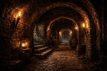 Naklejka premium Historic dungeon interior showcasing a stone passageway and hidden cellar tunnels