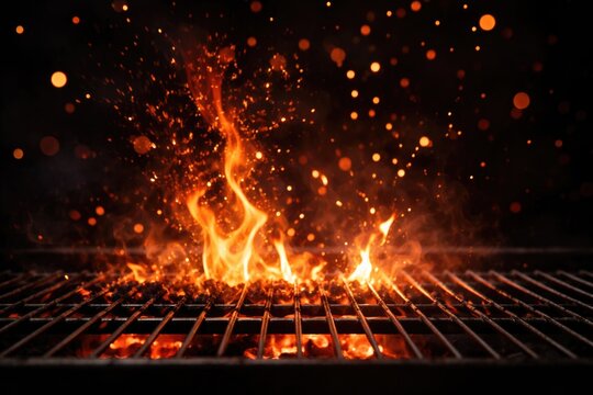 Shimmering fire particles dancing above a dark empty grill surface