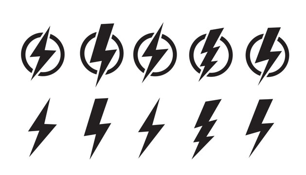Lightning bolt icon set. Electric flash symbols, power energy logo collection, thunder strike vector icons, speed charge sign pack black silhouette