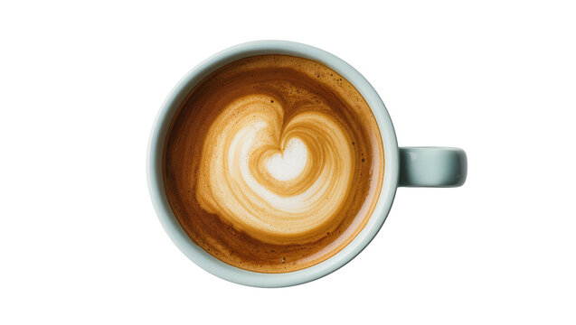 Light blue ceramic mug with latte art heart shape, isolated on transparent background