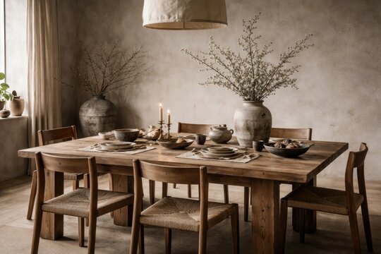 Wooden dining table setup in a contemporary wabi sabi room with curated accessories