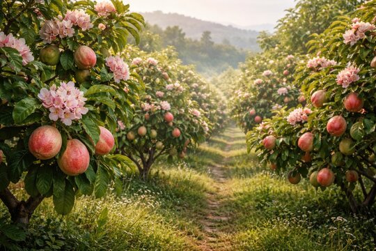 Scenic view of pink guava trees in full bloom