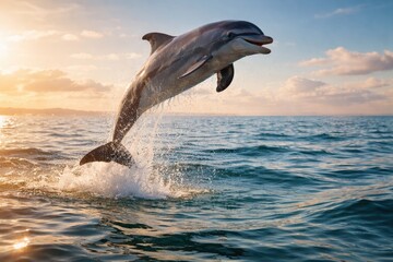 Obraz premium Cheerful dolphin springing high above gentle water ripples