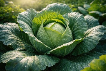Fototapeta premium Detailed view of flourishing cabbage leaves in a calm natural garden