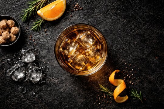 Whiskey glass containing ice on black stone background seen from above with room for garnishes