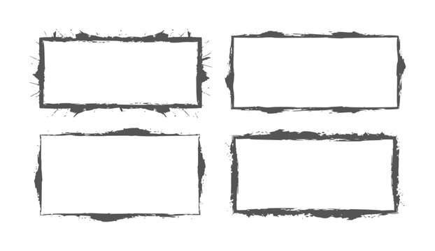 Four dark grey grunge rectangular frames with rough edges and splatter effects rectangle