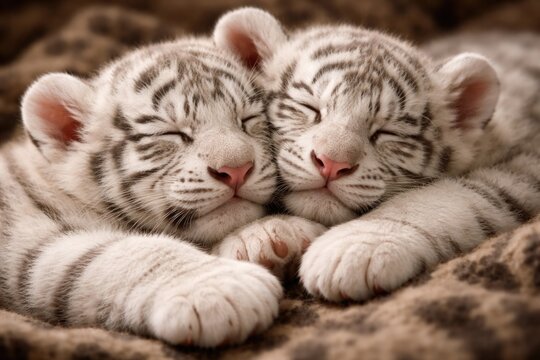 Two adorable white tiger cubs napping together in close contact
