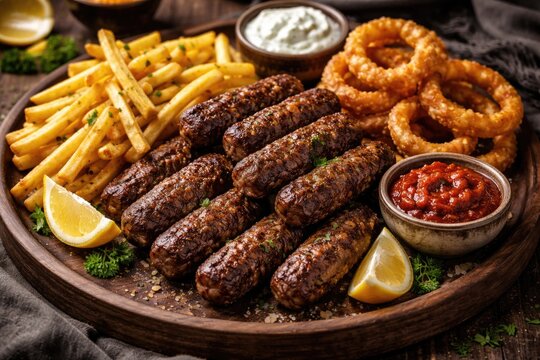 Platter of spiced cevapcici with shoestring fries and crispy fried onion rings