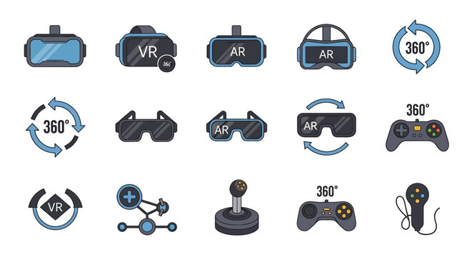 Virtual Reality and Augmented Reality Icons Set: VR Headsets, AR Glasses, Controllers, 360 View