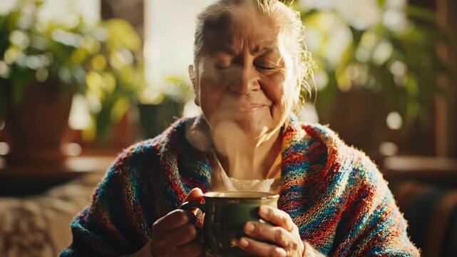 smiling hispanic senior woman wrapped in colorful knitted shawl enjoying steaming cup of hot coffee or tea. cozy sunny indoor morning. retirement lifestyle, relaxation, winter warmth concept.
